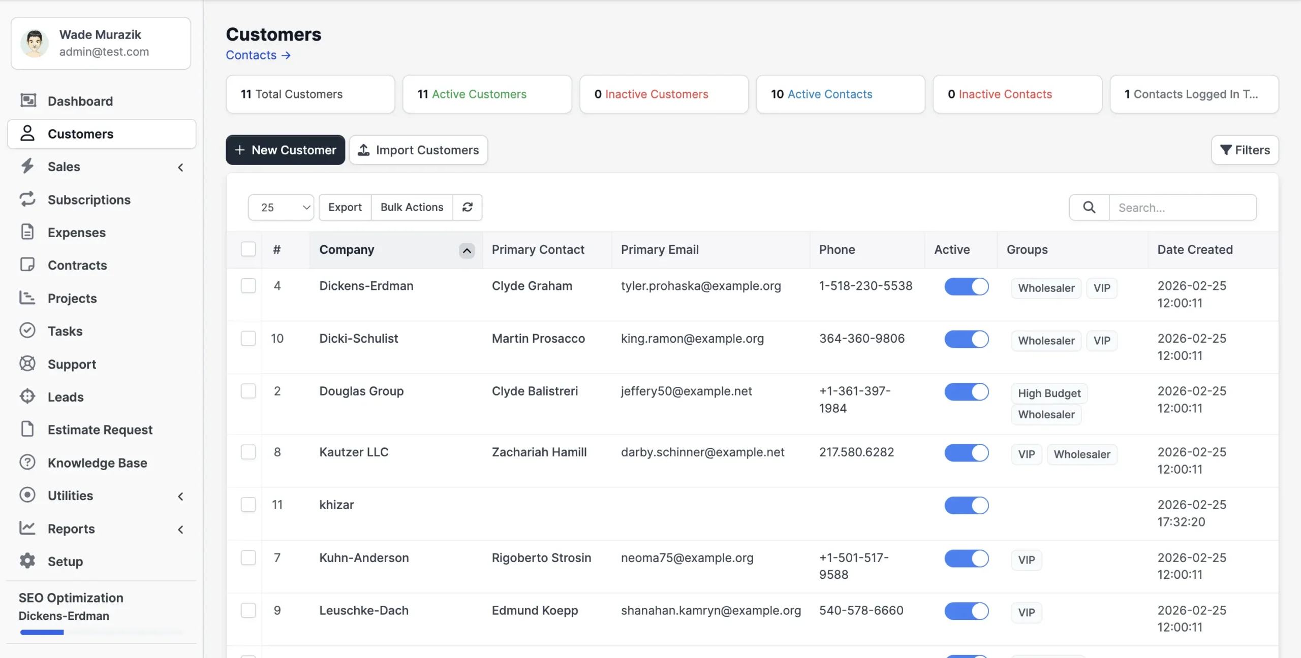 Customers: Manages all active clients by storing their contact details, communication history, and ongoing business information in one place.