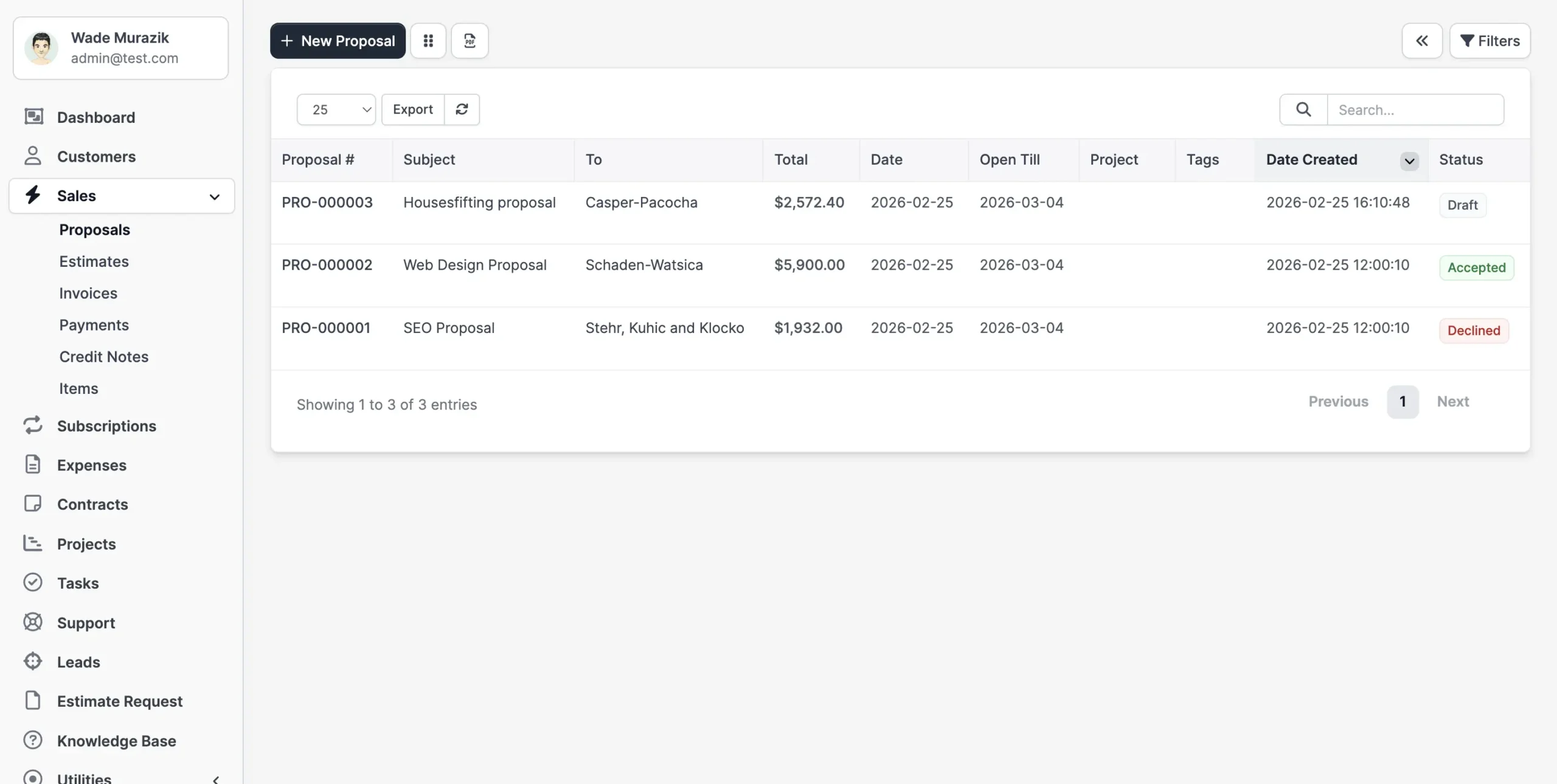 Sales -Professional proposal creation and tracking with status control, project linking, and revenue visibility.