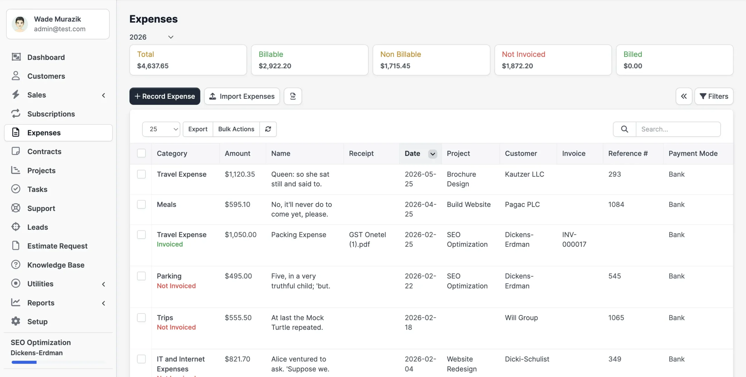 Expenses -Complete expense control with billable tracking, invoicing status, category management, and financial summaries.