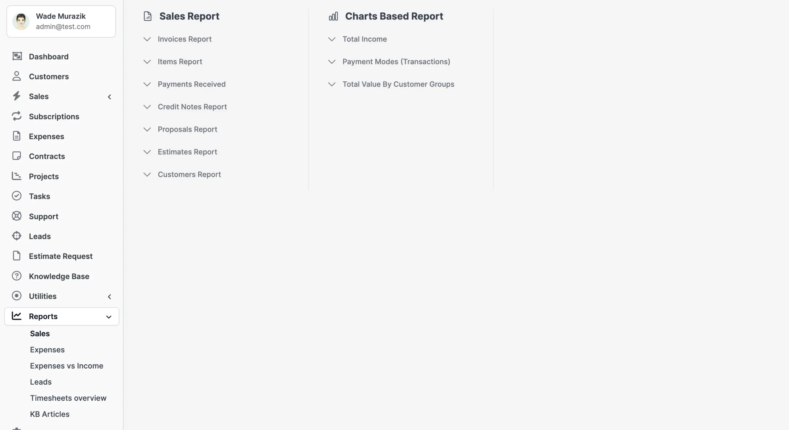Reports- Provides detailed insights and performance analytics to track sales, leads, tasks, and overall business growth.
